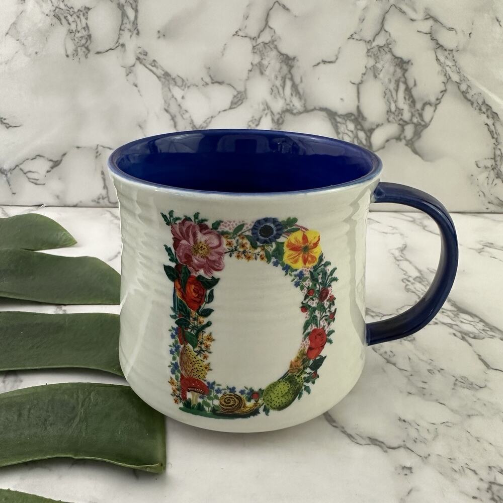 Nathalie Lete Anthropologie Letter D Coffee Mug White Blue Intial Monogram Cat